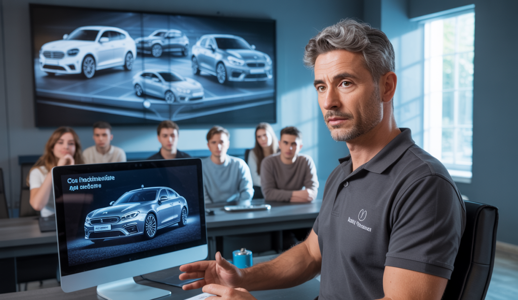 Un formateur professionnel en esthétique automobile expliquant à un groupe d'apprenants en formation detailing auto en ligne, avec des images de véhicules étincelants en arrière-plan