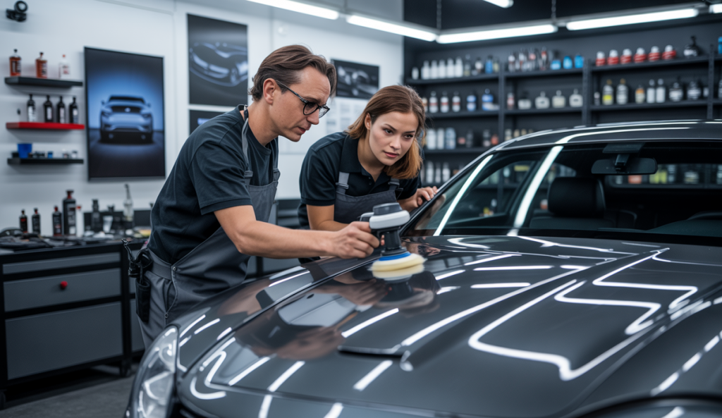 Un formateur guidant un stagiaire pendant une session pratique de polissage automobile dans un centre de formation moderne avec outils professionnels