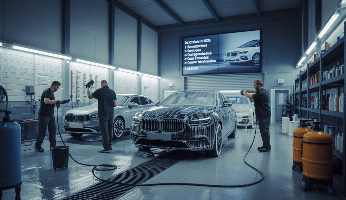 Vue intérieure professionnelle d'un centre auto de detailing et préparation esthétique avec équipements modernes et véhicules en cours de traitement, formateurs guidant des apprentis selon les normes du contrôle technique 2025