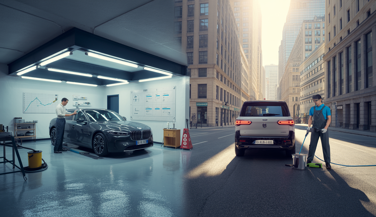 Comparaison visuelle entre un centre de detailing fixe et une franchise mobile sans eau avec formation et accompagnement