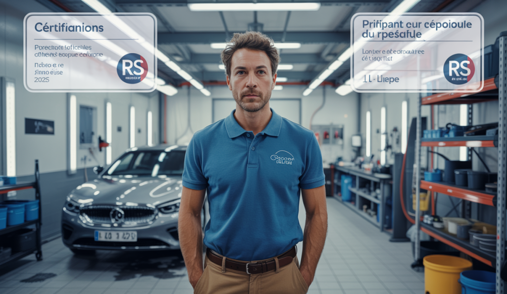 Un entrepreneur français lançant une entreprise de detailing auto en 2025 avec des certifications RS visibles, dans un atelier moderne d’esthétique automobile