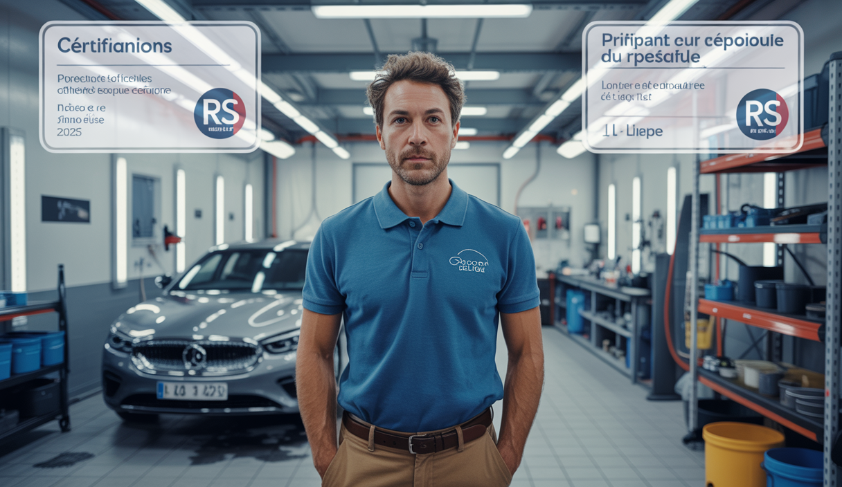 Un entrepreneur français lançant une entreprise de detailing auto en 2025 avec des certifications RS visibles, dans un atelier moderne d’esthétique automobile