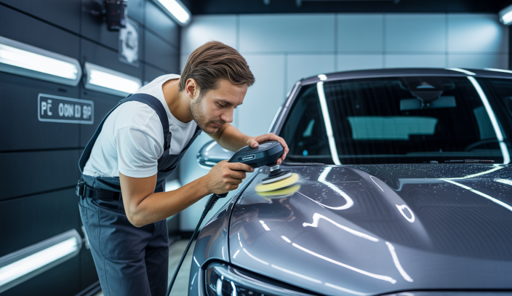 Un professionnel du detailing automobile appliquant des techniques de polissage et de nettoyage minutieux sur une voiture moderne dans un atelier bien équipé