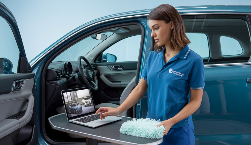 Personne adulte apprenant le detailing automobile via e-learning, évitant les erreurs fréquentes de nettoyage intérieur sur tableau de bord et siège en tissu, dans une ambiance professionnelle et pédagogique