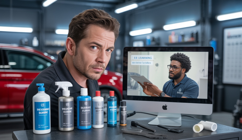 Illustration d'un centre auto spécialisé en detailing en difficulté avec un formateur en e-learning proposant une solution numérique innovante