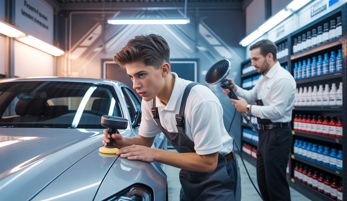 Un detailer automobile débutant formé en ligne en train de polir un véhicule dans un atelier moderne avec un instructeur certifié