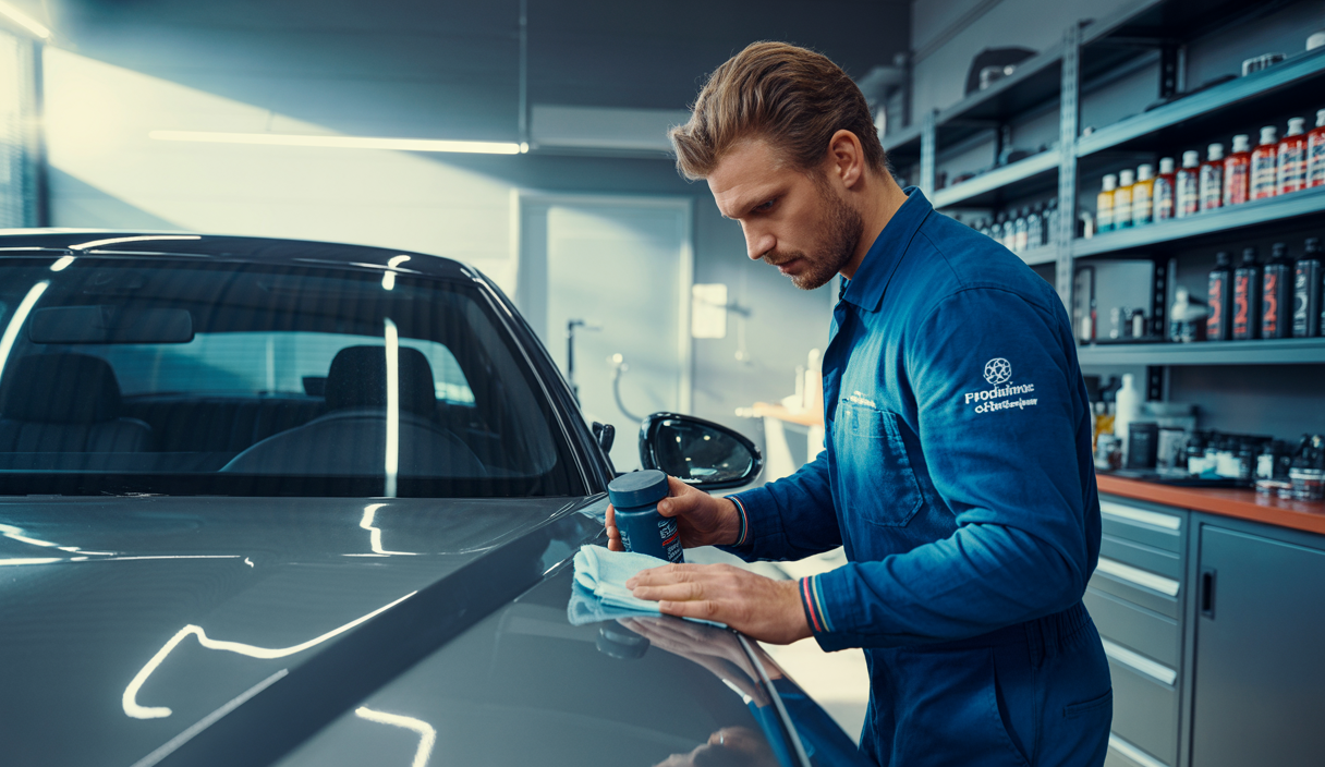 Visuel d'une formation en ligne de detailing automobile certifiante et éligible au CPF, montrant un professionnel en action avec un véhicule haut de gamme dans un atelier moderne