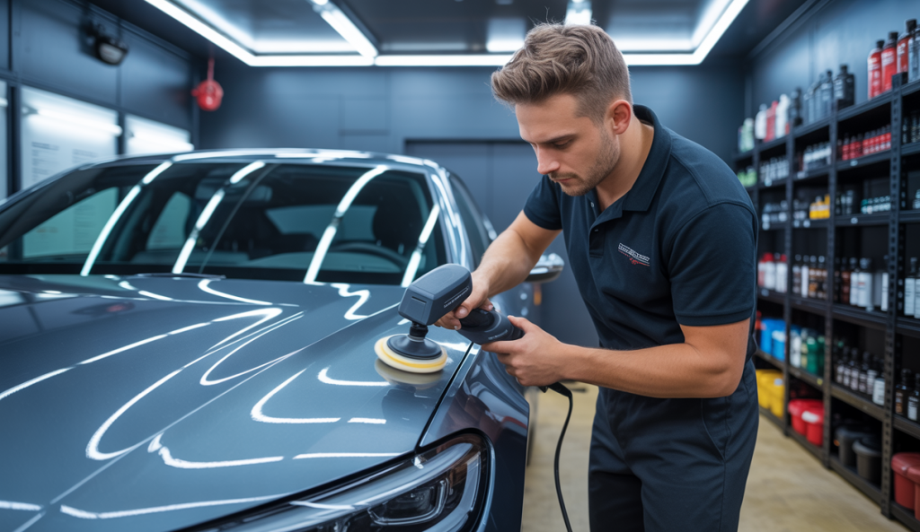 Illustration d'une formation en detailing auto en ligne avec polissage et cirage professionnels certifiés RS7091, montrant un detailer appliquant des techniques de polissage sur une carrosserie brillante dans un atelier moderne