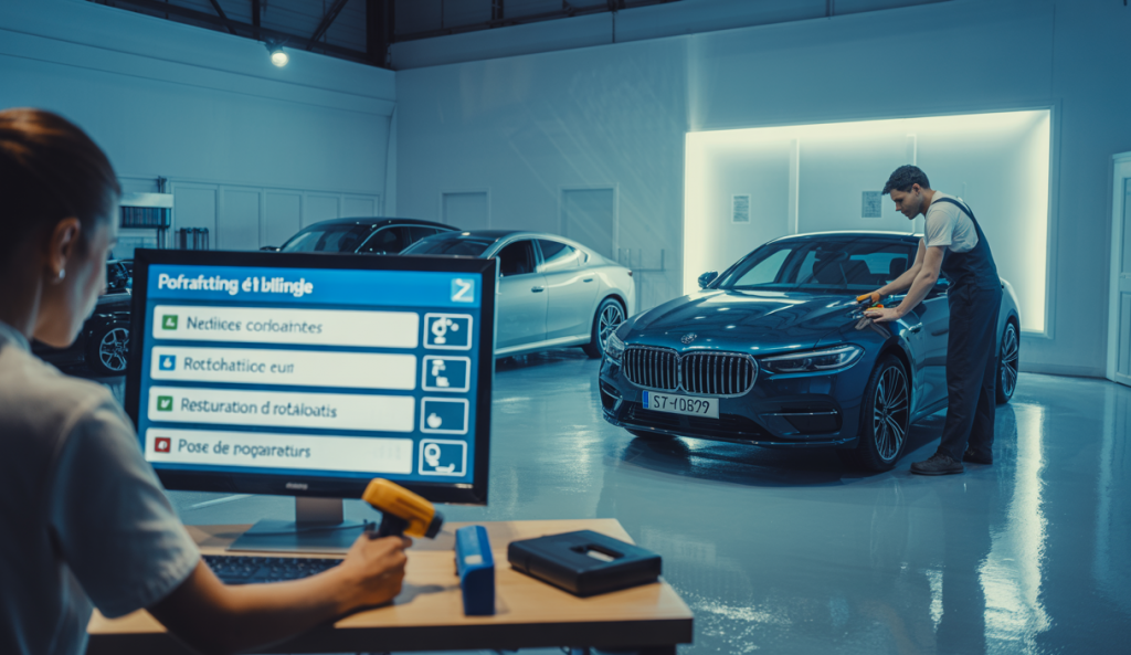 Interface d'apprentissage en ligne spécialisée en detailing auto avec vue sur véhicules en atelier pour pratique