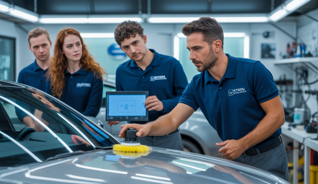 Session de formation hybride en detailing automobile avec apprentissage e-learning et pratique sur véhicule réel dans un atelier moderne