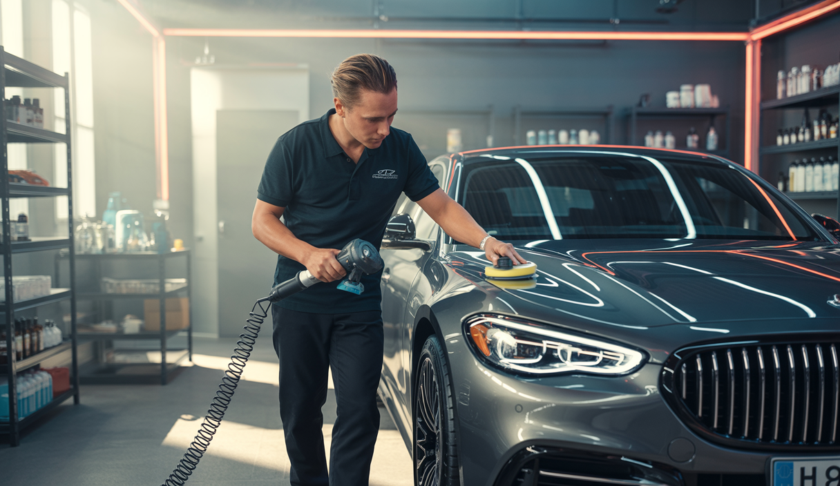 Un professionnel du detailing automobile effectuant un nettoyage précis et soigné d'une voiture haut de gamme dans un centre moderne équipé d'outils performants avec une ambiance lumineuse chaleureuse et professionnelle
