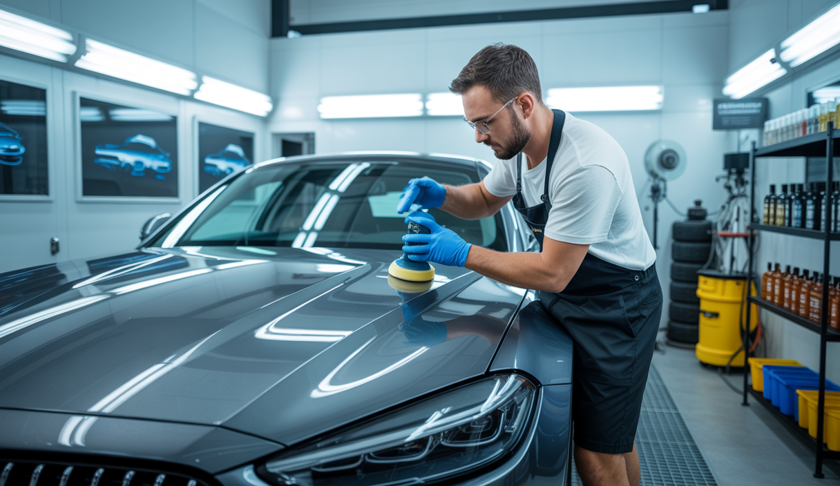 Professionnel appliquant un traitement de protection céramique sur la carrosserie d’une voiture haut de gamme dans un centre de detailing moderne et lumineux