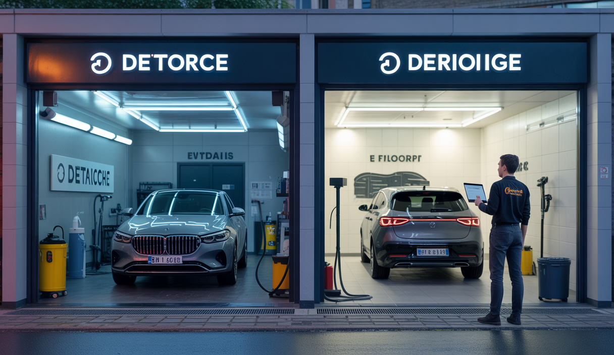 Comparatif visuel entre ouverture d'un centre auto de detailing en franchise et via e-learning en France en 2025 avec investissement initial entre 15 000 et 30 000 euros