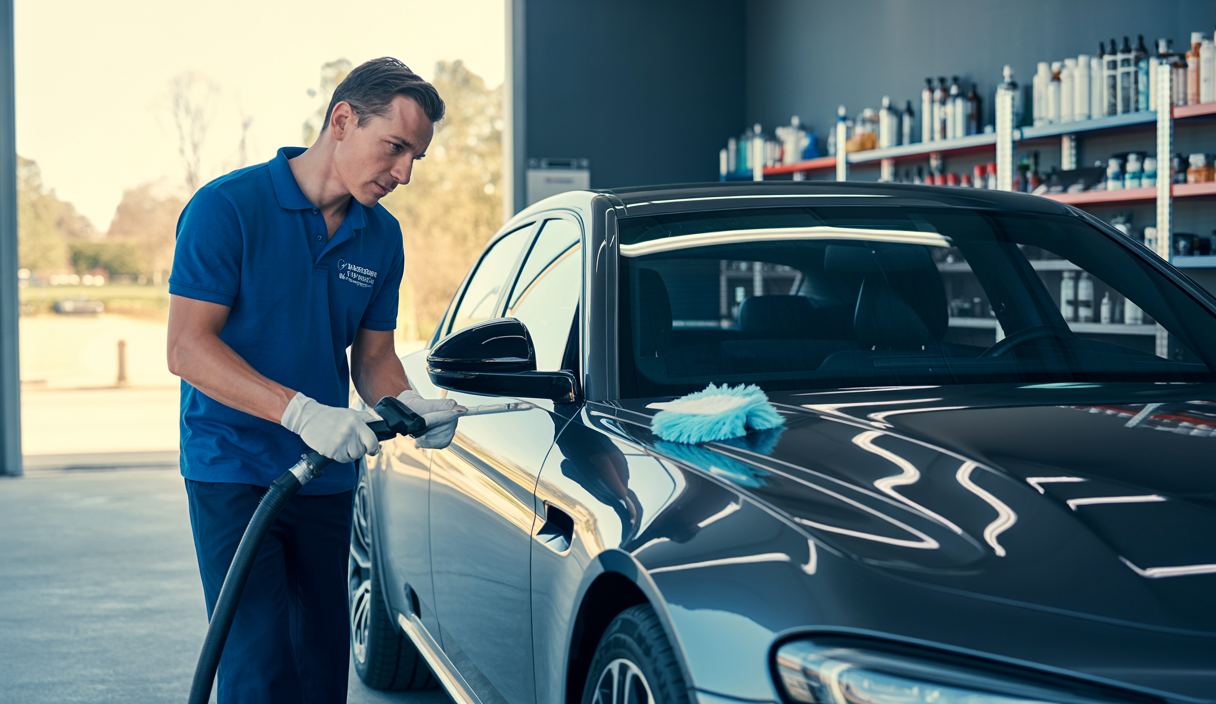 Technicien professionnel nettoyant soigneusement une voiture de luxe avec équipement spécialisé en extérieur