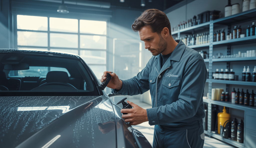 Un detailer auto professionnel au travail avec une voiture de luxe, illustrant les variations de salaire en 2025