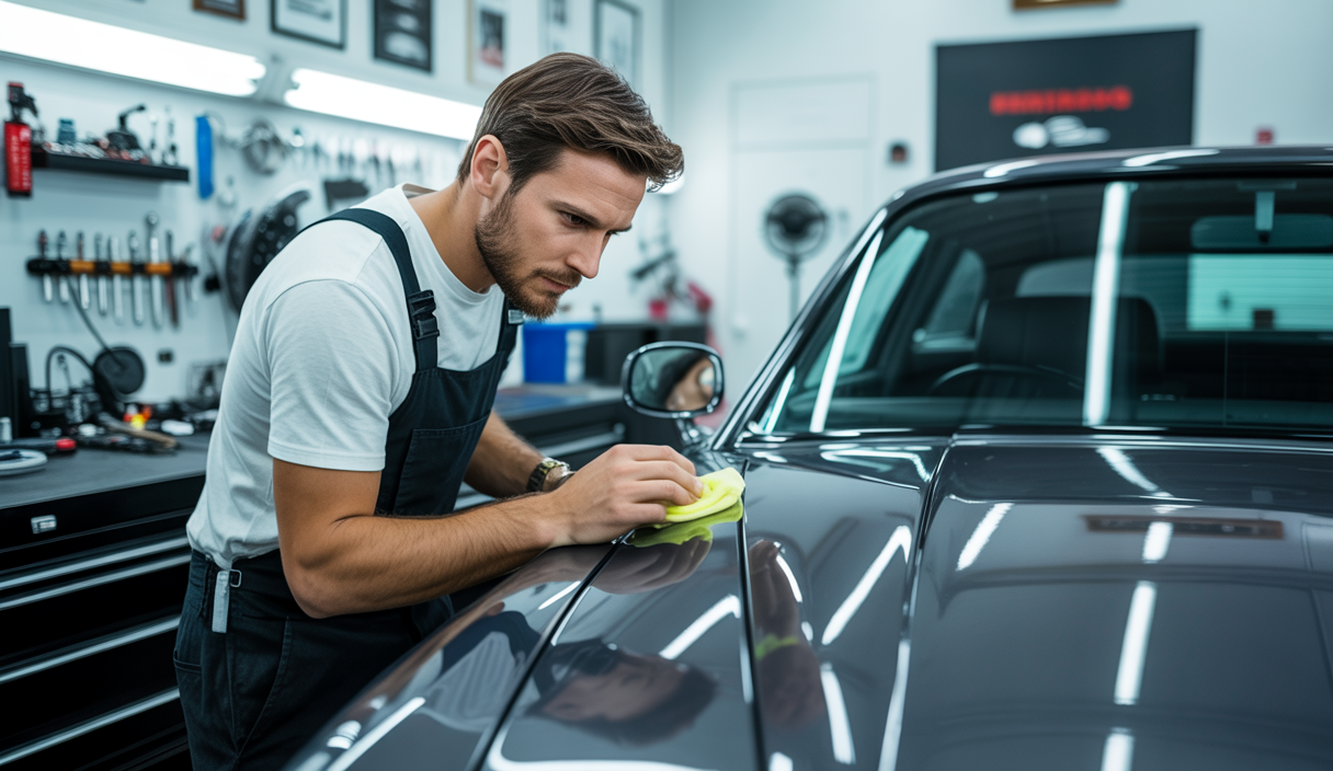 Detailer automobile en train de nettoyer et polir une voiture de luxe dans un atelier professionnel lumineux