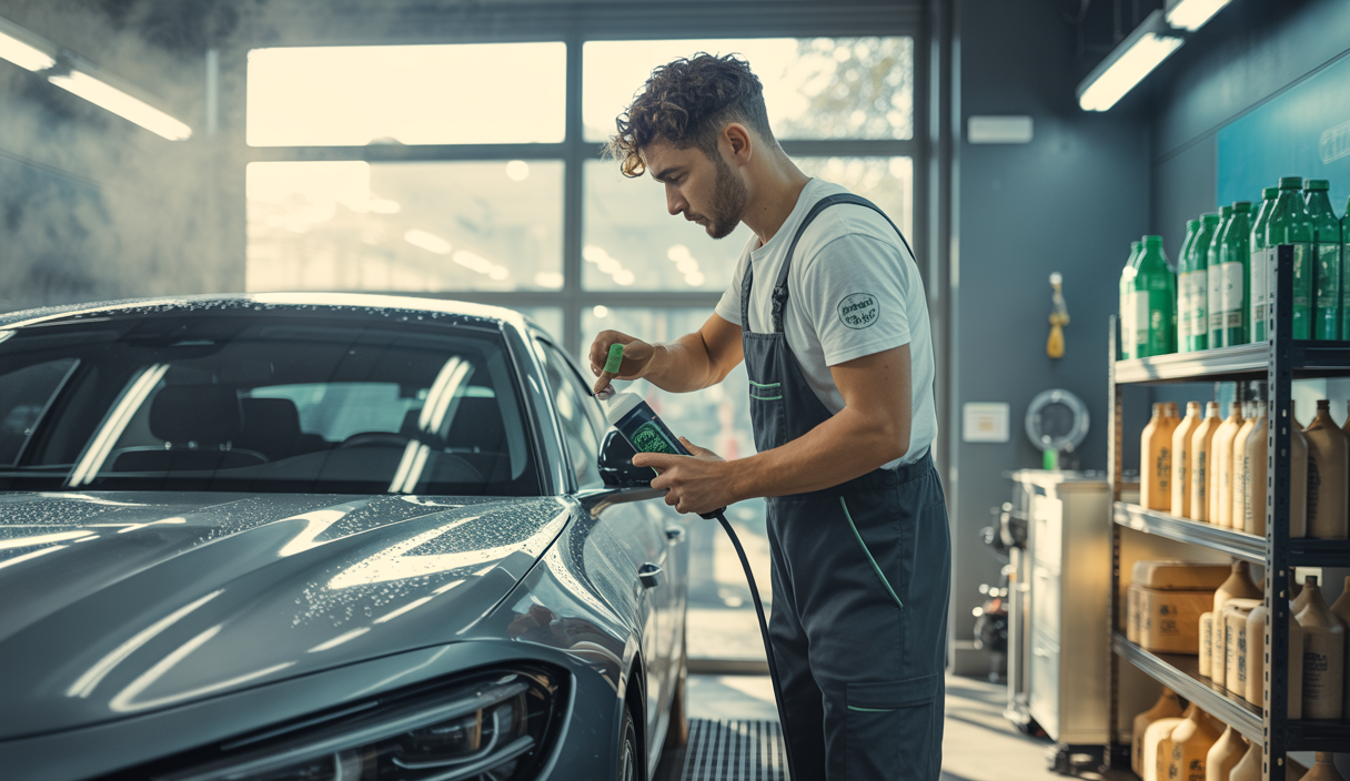 Atelier de detailing auto écologique en 2025 avec technicien appliquant un nettoyage sans eau sur une voiture électrique moderne dans un cadre lumineux et professionnel