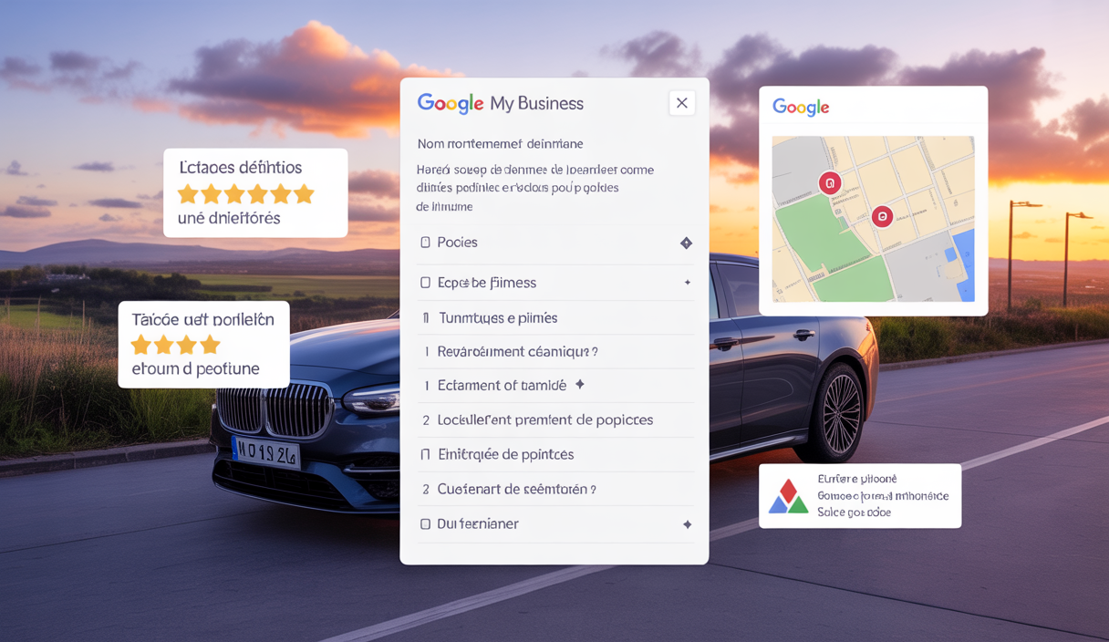 Illustration montrant la stratégie digitale pour un service de detailing auto, mettant en avant un profil Google My Business optimisé avec des avis clients positifs et une carte locale, ambiance professionnelle et dynamique.